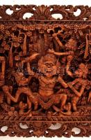 cca 1980 India, Rakshasas és majmok csatája, aprólékos fa faragás, falikép, apró hibával, 33×70 cm