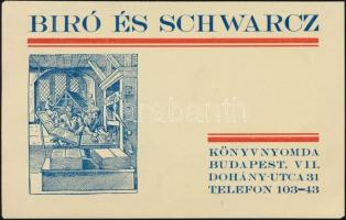 cca 1930 Bp. VII. Bíró és Schwarcz nyomda képeslap méretű reklámkártya