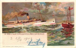 An Bord des Salon-Schnelldampfers Princessin Heinrich / German steamship, litho s: Wladimir Linde
