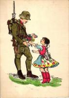 Girl giving flowers to a soldier, folklore (vágott / cut)