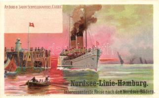 An Bord des Salon-Schnelldampfers Cobra, Nordsee-Linie-Hamburg / German steamship, litho s: Wladimir Linde