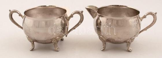 Fém cukortartó kis kiöntővel, d: 8 cm, m: 6,5 cm