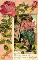 Mountain climber lady, roses, Kunstverlaganstalt Paul Fink No. 1681. Emb. litho