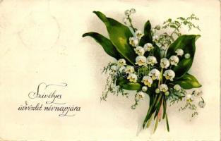 Szívélyes üdvözlet névnapjára / Nameday, bellflower, floral, litho (kis szakadás / small tear)