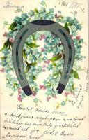 Greeting card with horseshoe, floral, litho