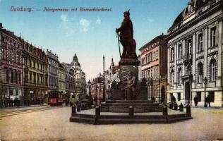 Duisburg, Königstrasse mit Bismarck-denkmal / street, tram, Bismarck-statue