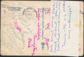 1948 Az FTC csapattagjainak aláírása a Trencin-FTC(0-4)  futballmérkőzés alkalmából hazaküldött képeslapon(Deák, Kocsis, Korányi, Csanádi, stb.)