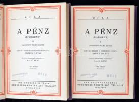 Émile Zola: A pénz I-III. + A Coquevillei muri és egyéb elbeszélések. Két kötetbe kötve. Bp., é.n., Gutenberg. Kiadói, aranyozott, kissé kopottas egészvászon-kötésben. A borítótáblákon Beck. Ö. Fülöp által tervezett plakett.