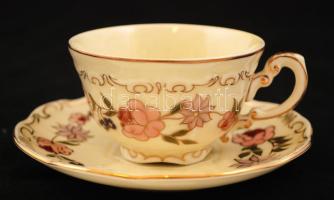 Zsolnay virágmintás porcelán mokkás csésze és alj, kézzel festett, jelzett, hibátlan