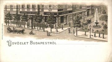 Budapest VI. Andrássy út 44., Jahn Ede vendéglője, Terézvárosi Pilseni Sörcsarnok, Bucher Károly üzlete, kiadja Kellner és Mohrlüder, litho (EB)