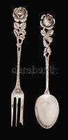 Ezüst, rózsás kanál és villa, Ag., 29,1gr., jelzett, 12cm /Silver spoons and forks, Ag. 29,1gr., Signed, 12cm