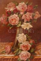 Thormáné Kiss Margit (1901-1977): Rózsás csendélet. Olaj, karton, jelzett, antik keretben, 45×32 cm