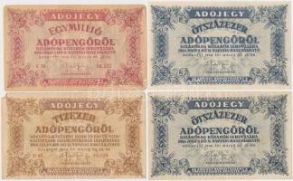 1946. 10db-os vegyes magyar adópengő bankjegy tétel, közte fordított címeres és sorszámos is T:vegye...