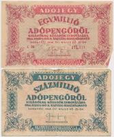 1946. 10db-os vegyes magyar adópengő bankjegy tétel, közte fordított címeres és sorszámos is T:vegye...