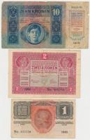 1915. 10K piros "MAGYARORSZÁG" felülbélyegzéssel + 1916. 1K + 1917. 2K mindhárom "Tem...