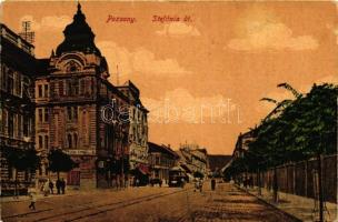 Pozsony, Bratislava; Stefánia út, villamos, Liebel Ernő üzlete / street, tram, shop (EK)