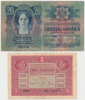 1913. 20K + 1917. 2K mindkettő "MAGYAR ÁLLAMPÉNZTÁR DEBRECEN 1919" felülbélyegzéssel T:III...