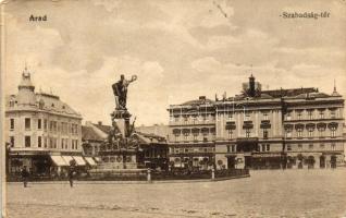 Arad, Szabadság tér, szobor, Moskovitz és Brenner Béla üzlete, Színházi verseny bazár, Hoffmann Sándor Divatáruháza a Fecskéhez, fogorvosi műterem / square, shops (EK)