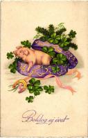 New Year, pig, clover, horseshoe, W.S.S.B. 8346. litho