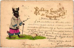 Easter, rabbit gentleman with chicken, Emb. litho (EK)