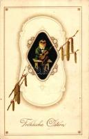 Easter, chicken playing guitar, Art Nouveau, E.A.S. litho (EK)