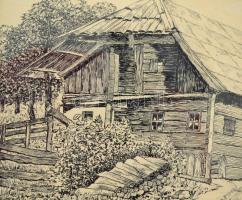 Baron jelzéssel: Alpesi ház. Tus, papír, üvegezett keretben, 15×17 cm