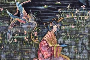 Jelzés nélkül: Hölgyek a parton. Festett selyemkép, kartonra kasírozva, 41×63 cm