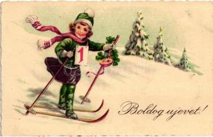 Boldog újévet! / skiing girl, with clovers and mushroom, litho
