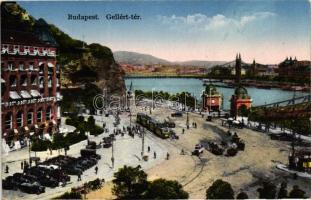 Budapest XI. Gellért tér, a Szálló, villamos, automobilok