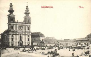 Erzsébetváros, Dumbraveni; Főtér, piac, Örmény Katolikus templom / main square, market, Armenian Catholic church, 'Budapesti Hentesipartestület' So. Stpl. (b)