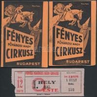 1941 Bp., A Fényes Fővárosi Cirkusz 2 db képekkel illusztrált műsorfüzete(Pólya Tibor által tervezett címlappal), 1 db belépőjeggyel