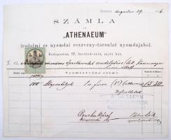 1876 Számla az "Athenaeum" irodalmi és nyomdai részvény-társulat nyomdájából. Bp., IV. Barátok tere, okmánybélyeggel (5kr), 17x21cm