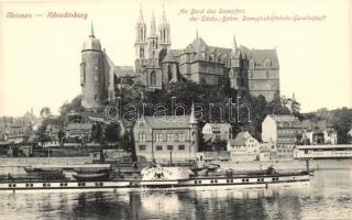 Meissen, Albertschburg, An Bord des Dampfers des Sachs.-Böhm. Dampfschiffahrts-Gesellschaft / castle, steamship Kronprinz, view from the board of a steamer of the Sachs.-Böhm. Steamship Company