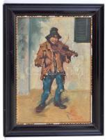 Varga jelzéssel: Hegedülő cigány fiú. Olaj, karton, antik sérült keretben, 34×24 cm
