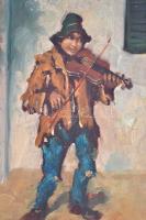 Varga jelzéssel: Hegedülő cigány fiú. Olaj, karton,  antik sérült keretben, 34×24 cm