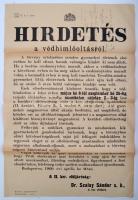 1909 Hirdetmény kötelező himlőoltásról. A hátoldalon üzenet Emmerling Vilmos Károlynak, az első fővárosi hirdetővállalat megalapítójának, miszerint a hirdetmény 100 példányban a II kerületben kifüggesztendő. Budapest II. kerületi elöljáróságának pecsétjével és Badál Ede helyettes elöljáró aláírásával.