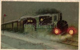 Boldog új évet! 2 db dombornyomású mozdonyos litho üdvözlőlap / 2 Embossed litho greeting cards with locomotives