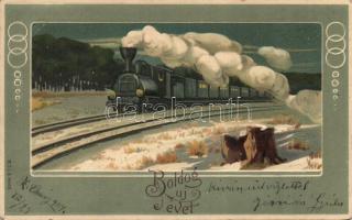 Boldog új évet! 2 db dombornyomású mozdonyos litho üdvözlőlap / 2 Embossed litho greeting cards with...