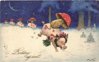 4 db érdekes, régi grafikai képeslap vegyes minőségben /  4 interesting pre-1945 art postcards, mixe...