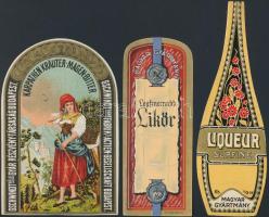 6 db csokoládépapír és italcímke(Liqueur, Karpathien Kräuter-Magen-Bitter, Tejmogyorós Csokoládé, Sz...