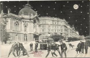 Budapest XIII. Lipót körút, Vígszínház éjjel, részeges kollázs / humour