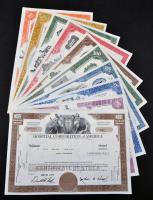 Amerikai Egyesült Államok 1957-1976. 10db klf részvény perforációval, bélyegzésekkel, lyukasztással ...