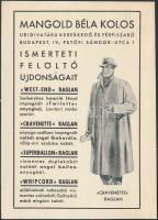 1938 Bp. IV., Mangold Béla Kolos Úridivatáru Kereskedő és Férfiszabó reklámos levelezőlapja