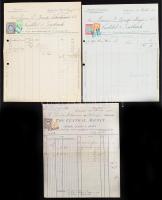 1895-1916 Vegyes számla tétel budapesti cégektől, klf okmánybélyegekkel, 3db, cca 28x22cm