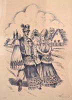 Kozma jelzéssel: Pár népviseletben. Litográfia, papír, üvegezett keretben, 24×17 cm