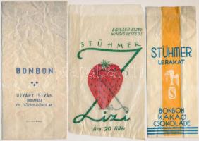 Cukorkás, bonbonos, kávés papírzacskók, 8 db (Stühmer, Koestlin, Csokoládégyár Budapest, stb.)