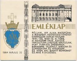 1984, 1989 2 db emléklap a Budapesti Piarista Gimnáziumból, Biczó Tamás grafikus hagyatékából, aláírásokkal
