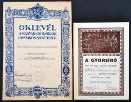 1936, 1938 2 db "Gyorsíró" oklevél pályázaton és gyorsíróversenyen elért eredményért