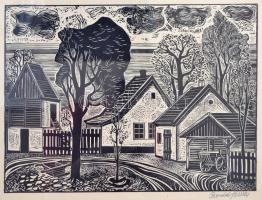 Bordás Ferenc (1911-1982): Falu. Fametszet, papír, jelzett, üvegezett keretben, 29×41 cm