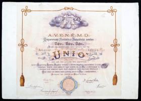 1887 Kolozsvári szabadkőműves "Unio" oklevél a Magyarországi Symbolikus Nagypáholyba való beiktatásáról, kartonra kasírozva, kis hibával, 30x42cm